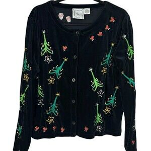 Vintage Michael Simon Lite Black Velvet Embroidered Christmas Tree Cardigan M